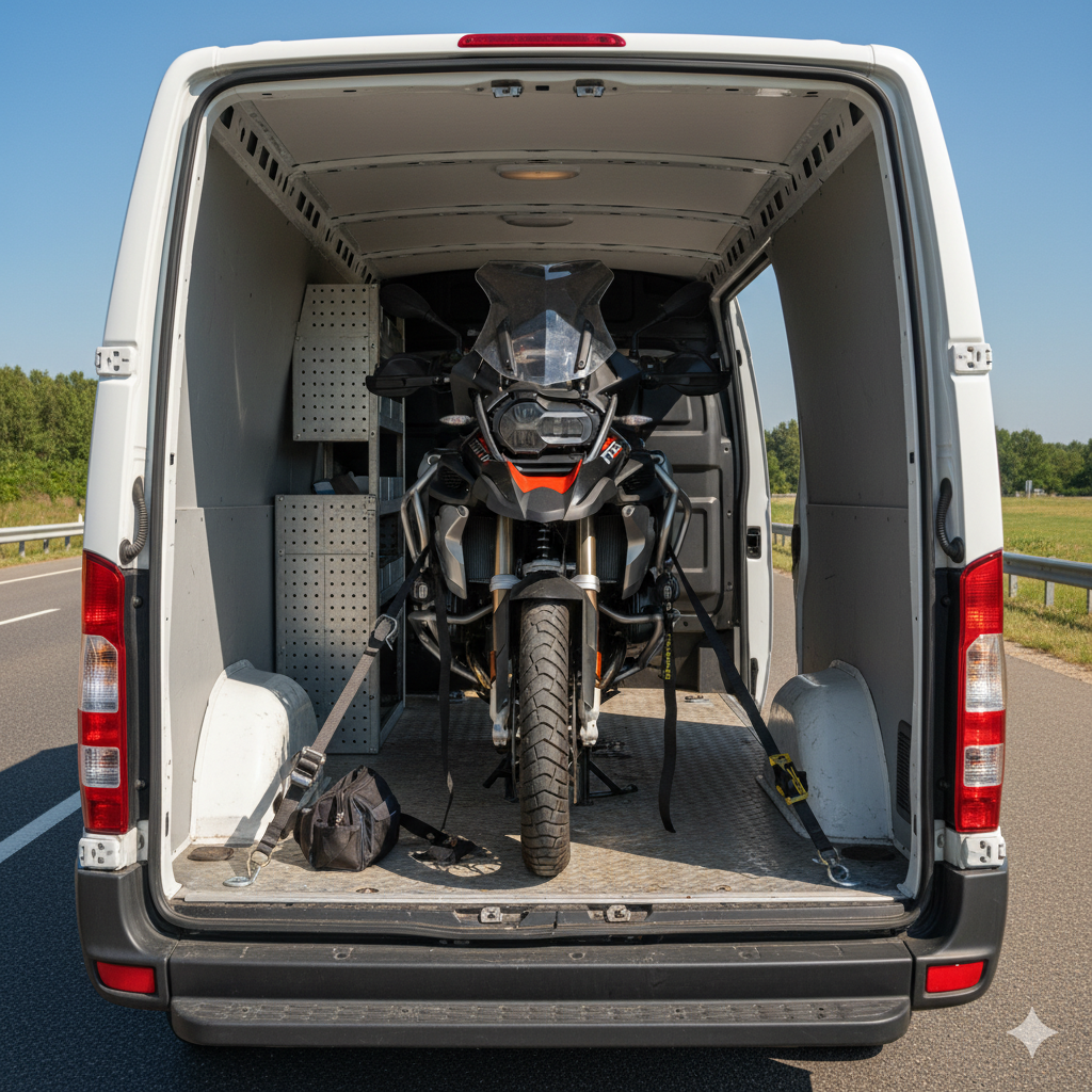 Kapalı kasa araçta sabitlenmiş motosiklet